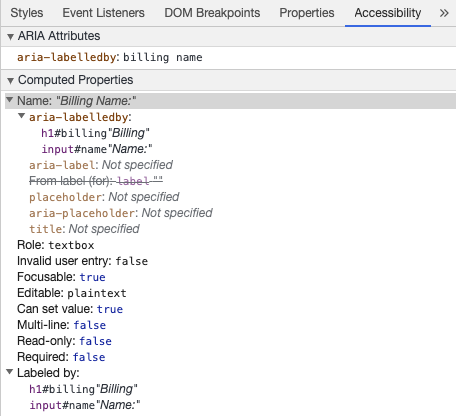 أدوات تطوير Chrome تظهر اسم الإدخال الوصولي من aria-labelledby